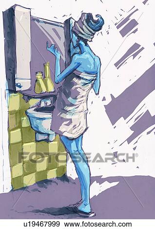 Woman just out of shower with towel looking in mirror View Large Illustration Stock Illustration - Woman just out of shower with towel looking in mirror. Fotosearch