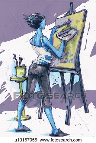 Woman painting a canvas on an easel Stock Illustration | u13167055