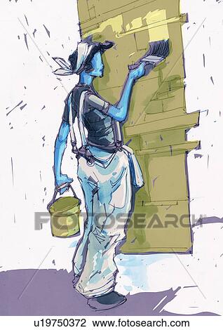 Drawing - Woman painting the wall. Fotosearch