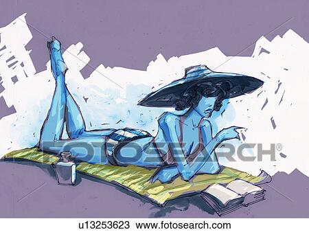 Drawing - Woman reading on the beach. Fotosearch