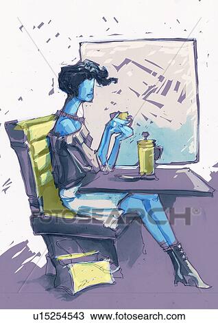 Woman sitting alone at a booth table View Large Illustration Drawing - Woman sitting alone at a booth table. Fotosearch