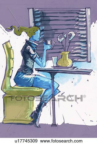 Woman sitting at a table with a cup of coffee View Large Illustration Stock Illustration - Woman sitting at a table with a cup of coffee. Fotosearch