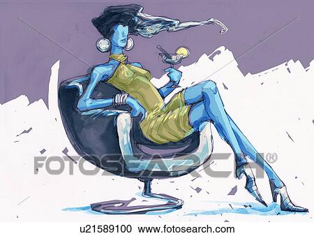 Clipart - Woman sitting in a modern armchair with a cocktail. Fotosearch