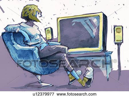 Woman sitting in armchair watching TV View Large Illustration Stock Illustration - Woman sitting in armchair watching TV. Fotosearch