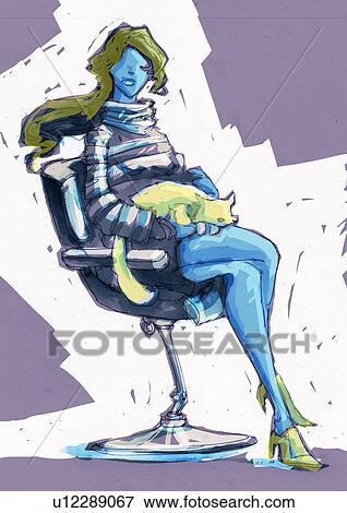 Woman sitting in chair with a cat on her lap View Large Illustration Stock Illustration - Woman sitting in chair with a cat on her lap. Fotosearch
