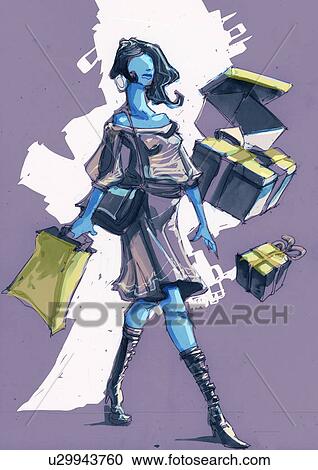 Clipart - Woman with a shopping bag and present boxes. Fotosearch