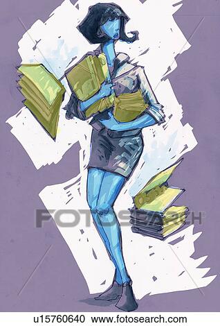 Woman with papers and books overflowing out of her arms View Large Illustration Clipart - Woman with papers and books overflowing out of her arms. Fotosearch