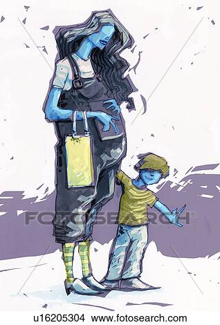 Stock Illustration - Young pregnant mother with her son. Fotosearch