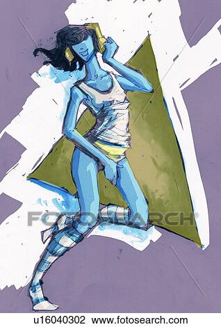 Young woman dancing with headphones on View Large Illustration Drawing - Young woman dancing with headphones on. Fotosearch