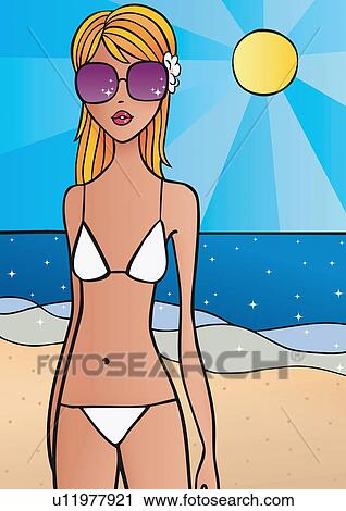 Clip Art - Blonde in bikini and shades on the beach. Fotosearch