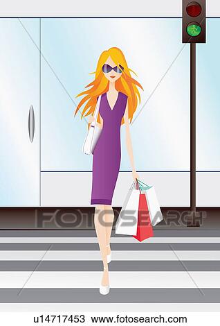 Drawing - Blonde woman crossing the street holding shopping bags. Fotosearch