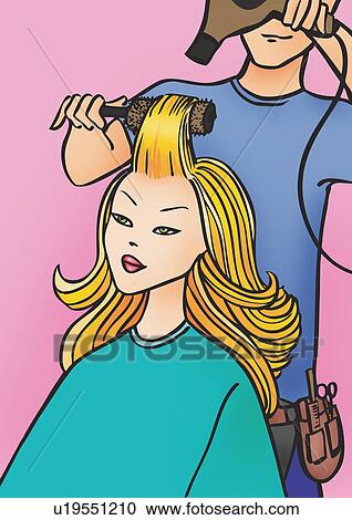 Blonde woman having hair dried by man View Large Illustration Clipart - Blonde woman having hair dried by man. Fotosearch