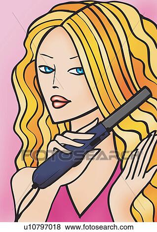 Stock Illustration - Blonde woman using curling iron to straighten her hair. Fotosearch