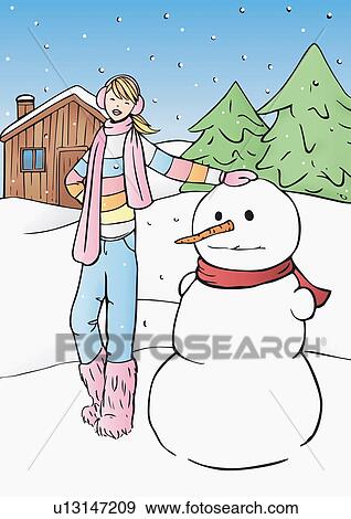 Stock Illustration - Girl standing next to snowman. Fotosearch
