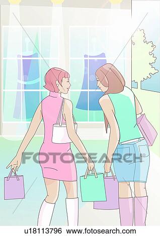 Two women in front of clothes store window together View Large Illustration Stock Illustration - Two women in front of clothes store window together. Fotosearch