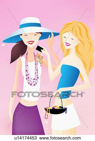 Two women, jewelry shopping View Large Illustration Drawing - Two women, jewelry shopping. Fotosearch