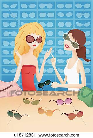 Two women trying on sunglasses View Large Illustration Clip Art - Two women trying on sunglasses. Fotosearch