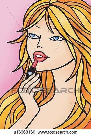 Woman applying lipstick View Large Illustration Clipart - Woman applying lipstick. Fotosearch