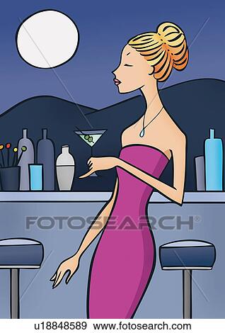 Woman at a bar with a martini in hand View Large Illustration Stock Illustration - Woman at a bar with a martini in hand. Fotosearch