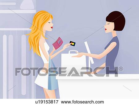 Woman in a store paying with a credit card View Large Illustration Stock Illustration - Woman in a store paying with a credit card. Fotosearch