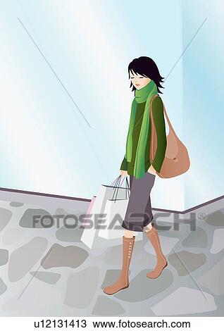 Drawing - Woman in winter clothes walking with her shopping bags. Fotosearch