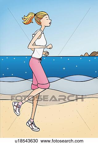 Clipart - Woman jogging on the beach. Fotosearch