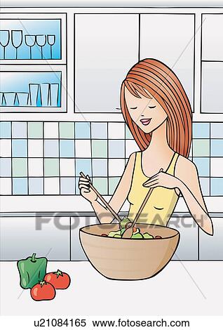 Stock Illustration - Woman making a salad in her kitchen. Fotosearch