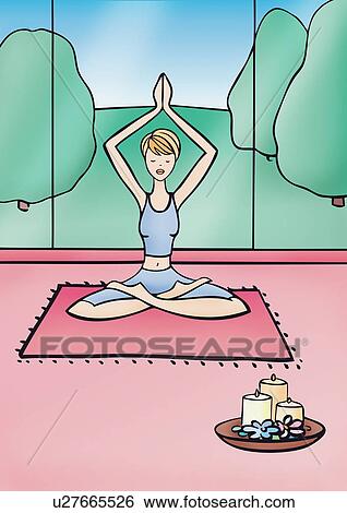 Stock Illustration - Woman meditating in yoga lotus posture with arms in the air. Fotosearch