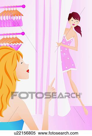 Woman trying lingerie on in a store View Large Illustration Stock Illustration - Woman trying lingerie on in a store. Fotosearch
