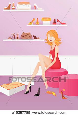 Stock Illustration - Woman trying out some high heels in a shoe store. Fotosearch