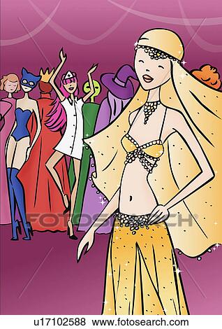 Stock Illustration - Woman wearing belly dancer outfit at costume party. Fotosearch