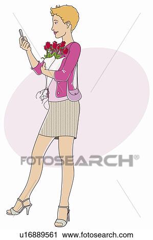 Clip Art - Woman with mobile phone and bouquet of roses in hand. Fotosearch