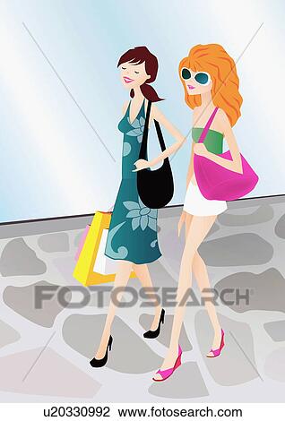 Drawing - Women walking with purses and shopping bags. Fotosearch