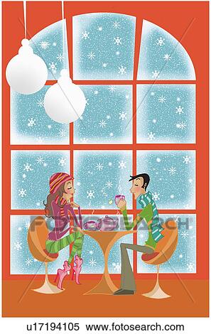 Stock Illustration - Young couple having tea while it's snowing outside. Fotosearch