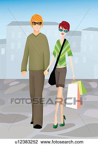 Drawing - Young couple walking with their shopping bags. Fotosearch