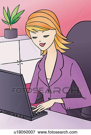 Young woman at laptop in office View Large Illustration Stock Illustration - Young woman at laptop in office. Fotosearch