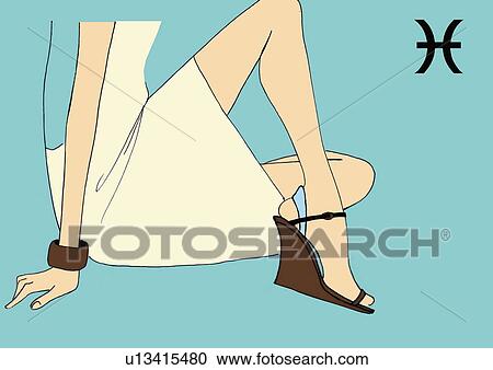 Clipart - Lower body of Pisces woman sitting with leg crossed on floor. Fotosearch