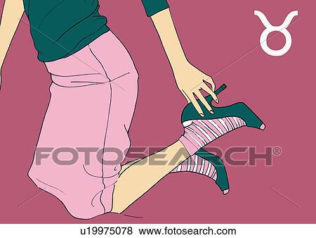Stock Illustration - Lower body of Taurus woman kneeling on floor holding her high-heeled shoe. Fotosearch