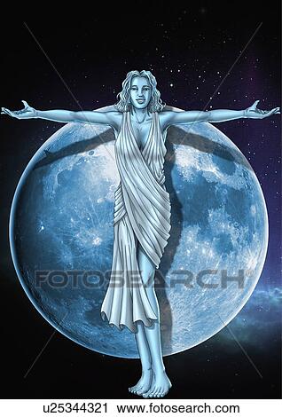 Clip Art - Woman with her arms out in front of the moon. Fotosearch