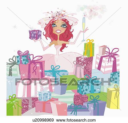 Stock Illustration - Bride celebrating among her presents. Fotosearch