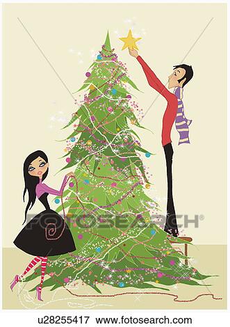 Stock Illustration - Couple decorating Christmas tree. Fotosearch