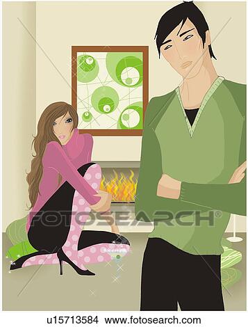 Stock Illustration - Couple in a living room with the fireplace on. Fotosearch