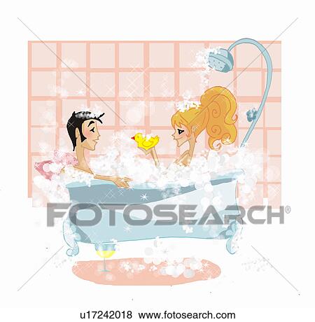 Stock Illustration - Couple in bathtub together. Fotosearch