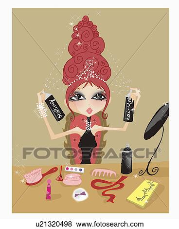 Dressed up woman applying plentiful hairspray View Large Illustration Stock Illustration - Dressed up woman applying plentiful hairspray. Fotosearch
