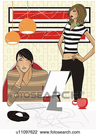 Drawing - Man at computer with diva woman in background. Fotosearch