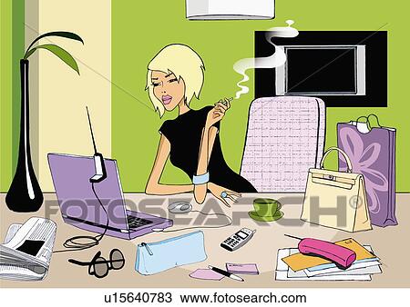 Drawing - Modern businesswoman at computer with a cigarette. Fotosearch
