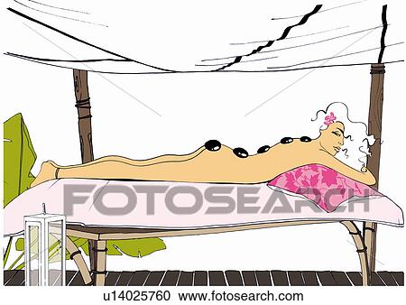 Clipart - Profile of woman with hot stones on her back. Fotosearch