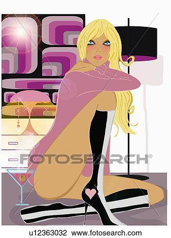Drawing - Sexy blonde in only high heeled boots and shirt. Fotosearch