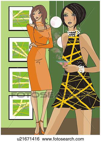 Stock Illustration - Two women at an art opening. Fotosearch