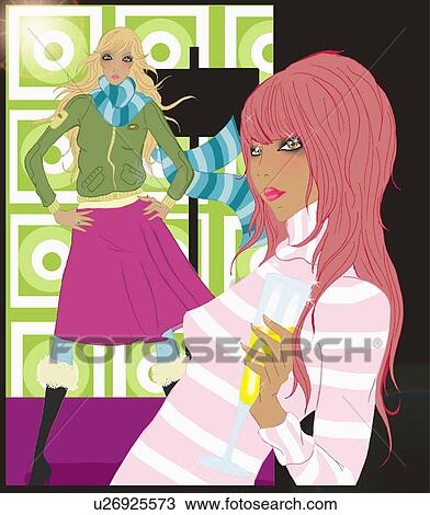 Two women posing at a party View Large Illustration Drawing - Two women posing at a party. Fotosearch